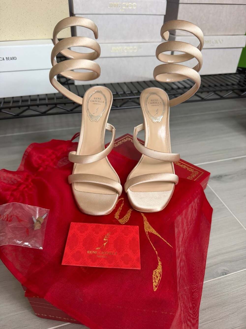 René Caovilla Cleo Satin Spiral Wrap Sandals Crystal Embellished Heel US 7.5